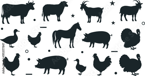 Farm animals silhouettes set with cow sheep goat horse pig chicken and duck, black livestock collection for agriculture design vector illustration pack