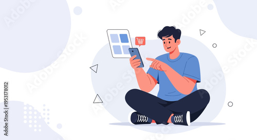 Young man using smartphone for online shopping, e-commerce concept, flat design illustration