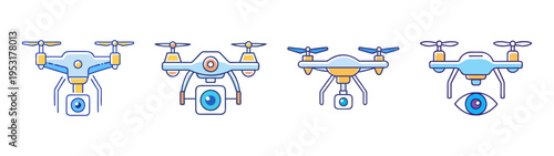 Drone vector illustration set for aerial photography and surveillance technology design concept