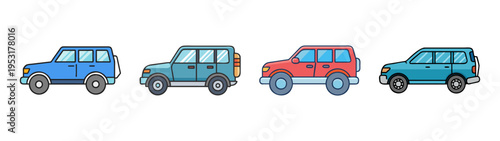 Cartoon car vehicle illustration of four colorful off road suv automobiles for kids and design
