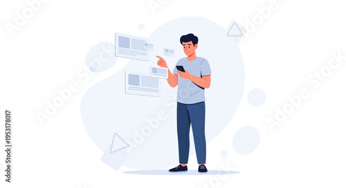 Man Interacting with Digital Interface on Smartphone, Futuristic Technology Concept