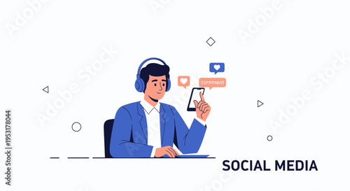 Man with headphones using smartphone, social media notifications, likes and comments