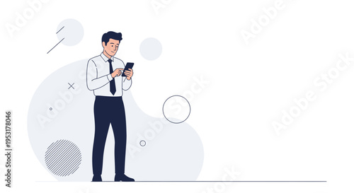Businessman using smartphone with abstract shapes and circles on white background