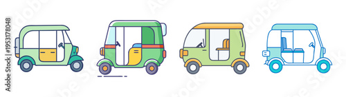 Cartoon tuk tuk auto rickshaw vector illustration set for transportation design and graphics use