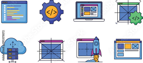 Web Development and Website Design Process Icon Set Vector Illustration with Coding Window UI Wireframe Cloud Deployment Website Launch and Programming Tools