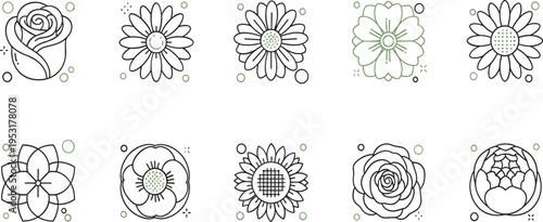 Flower outline icons set with rose daisy sunflower and botanical blooms, minimal line floral collection for design and decoration vector illustration