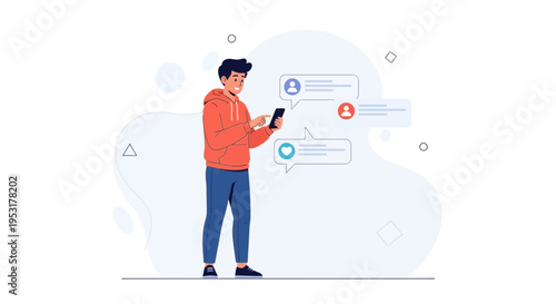 Young man using smartphone for social media, chat and likes notifications
