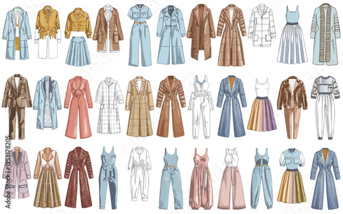 Vintage-inspired watercolor fashion sketches of dresses and skirts collection Vector