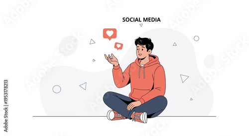 Young man in hoodie with social media likes floating around him, digital communication concept
