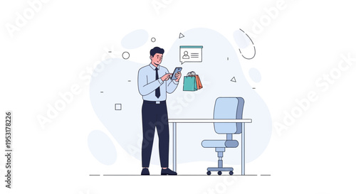 Man using smartphone for online shopping with shopping bags and office desk background