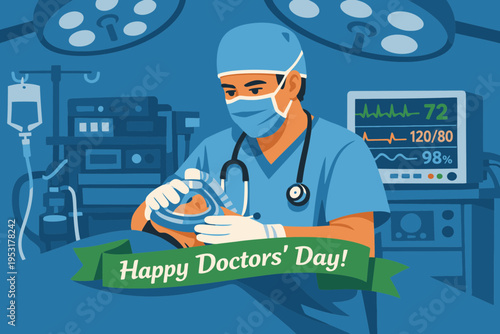Anesthesiologist with Mask and Monitor for Doctors' Day