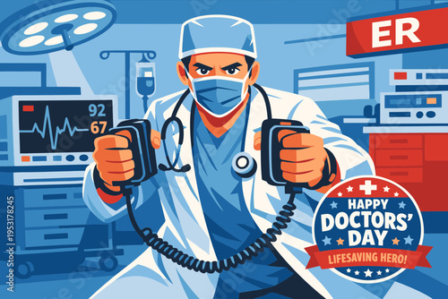 Emergency Doctor with Defibrillator Paddles for Doctors' Day