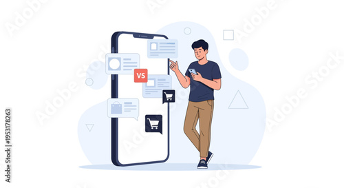 Man uses smartphone to compare online shopping offers, comparison concept