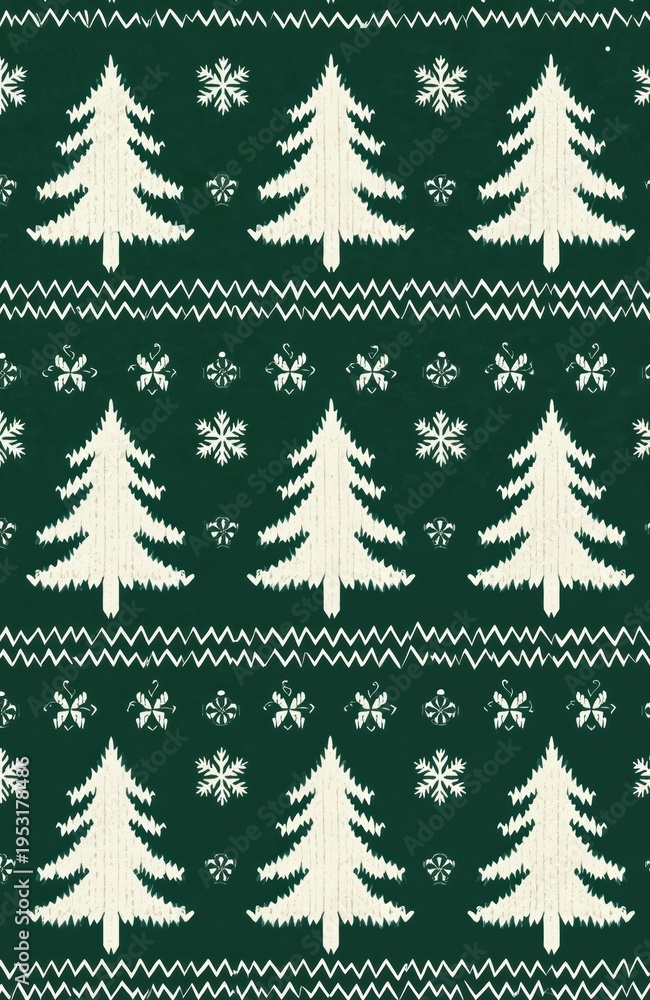 Obraz premium Green seamless pattern with white Christmas trees and snowflakes. Holiday sweater knit design with festive winter motifs. Traditional nordic folk art style for xmas decor.