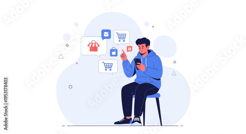 Man using smartphone for online shopping with shopping cart and bag icons