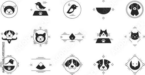 Pet logo icons set with dogs cats and birds, modern minimal badges and emblems collection for animal care brands vector illustration pack