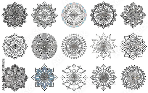 Intricate geometric mandala patterns featuring diverse symmetrical designs Vector