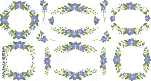 Blue floral wreath frames set with delicate flowers and greenery, decorative botanical borders collection for wedding invitations and design vector illustration