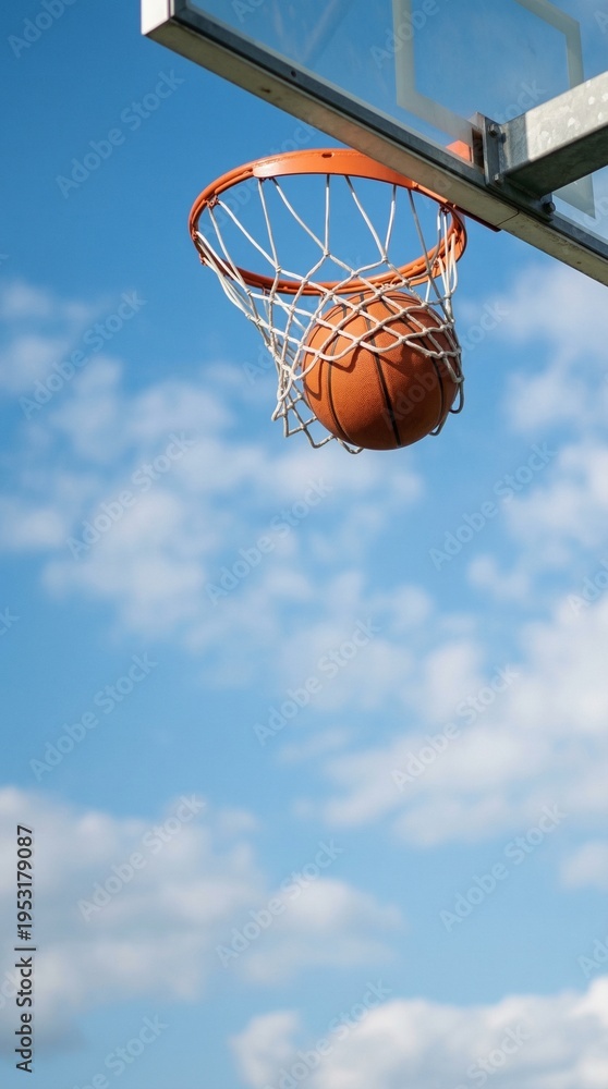 Naklejka premium Outdoor Basketball Hoop and Net with Ball against Blue Sky and Clouds