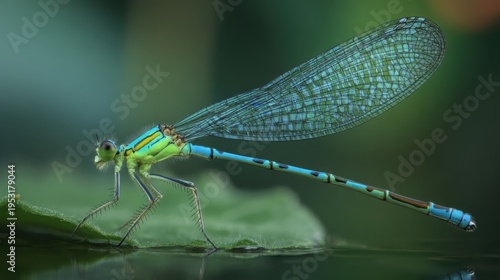 Close-up of a vibrant blue and green damselfly emerging from its aquatic nymph stage on a leafy surface