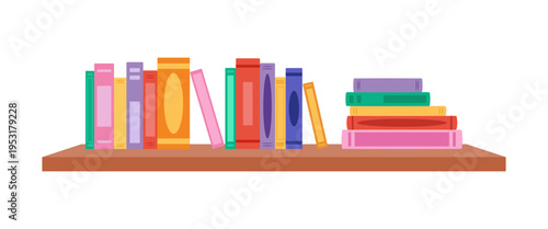 Colorful books arranged on a wooden shelf with some stacked