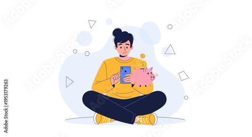 Young Person Using Smartphone for Online Banking with Piggy Bank and Coins