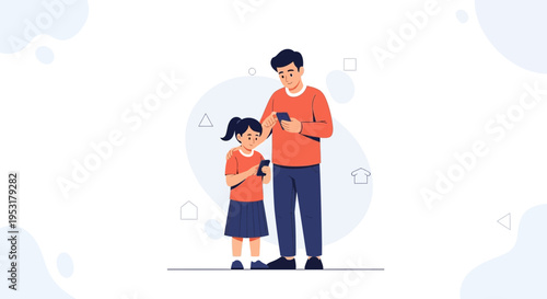 Father and Daughter Using Smartphones Together, Modern Family Lifestyle