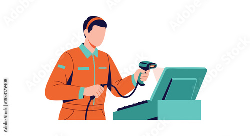 Barcode Scanner Worker. Flat Illustration. Inventory Management. Retail Logistics. Digital Art.