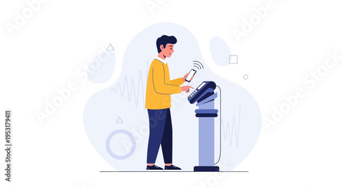 Man using smartphone for contactless payment at POS terminal