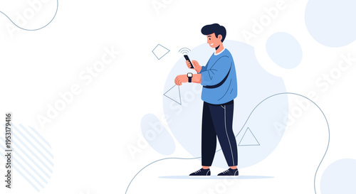 Man Using Smartphone and Smartwatch, Modern Technology and Lifestyle Illustration