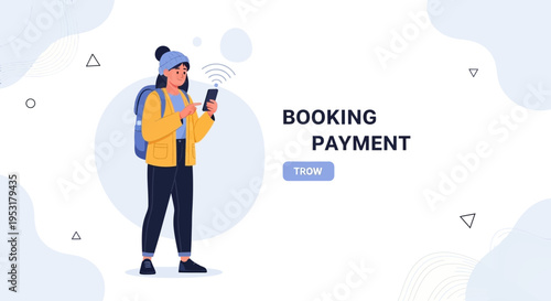 Woman using smartphone for booking and payment, travel concept illustration