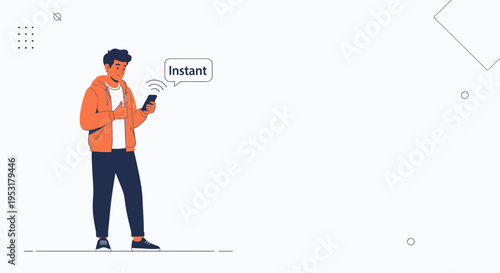 Young man holding smartphone, instant message notification, modern communication concept