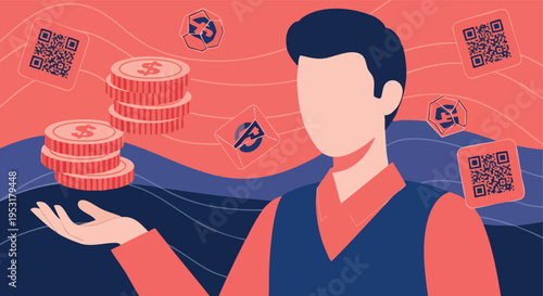 Man holding digital money. Online payment, cryptocurrency, QR code, financial technology concept illustration.
