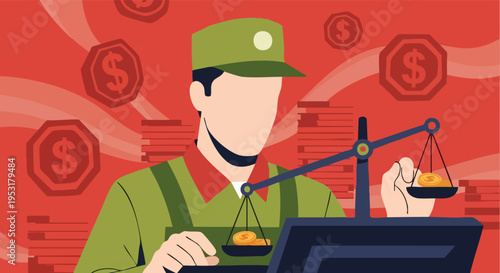 Worker Weighing Money. Financial Balance Illustration. Labor Value Concept. Flat Vector Graphic.