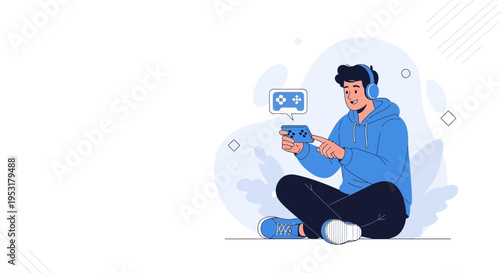 Gamer with Headphones Playing Video Games with Controller and Game Icon