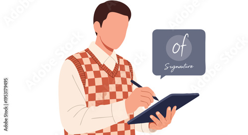 Man signing document. Digital signature concept. Flat illustration. Business technology.