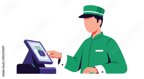 Hotel Bellhop Interacting with POS Terminal. Customer Service. Digital Payment. Flat Vector Illustration.