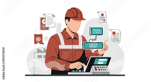 Industrial worker, engineer operating control panel, flat vector illustration, process management, quality control.