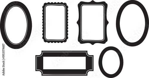 Collection of various black photo frame borders and shapes on white background