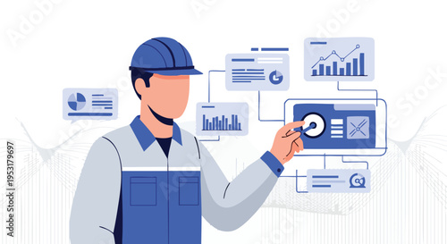 Industrial Engineer Analyzing Data, Smart Factory Management, Flat Illustration, Digital Interface.