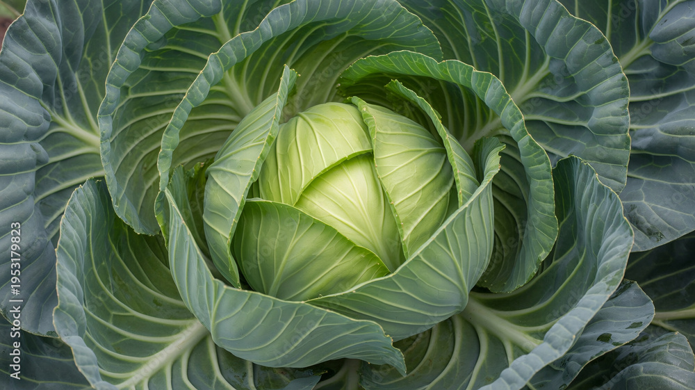 Obraz premium A vibrant green cabbage with large leaves, showcasing its natural beauty and freshness.