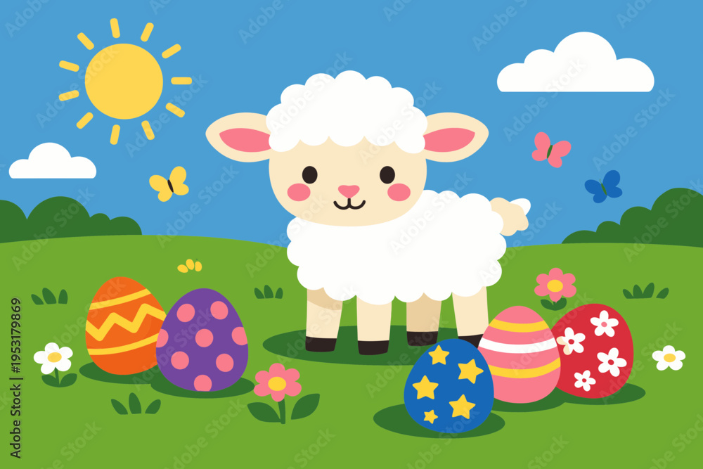 Obraz premium Easter Monday Lamb in a Meadow with Decorated Eggs