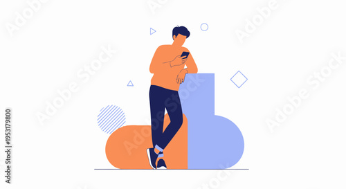 Man using smartphone leaning on abstract shapes, modern flat design illustration