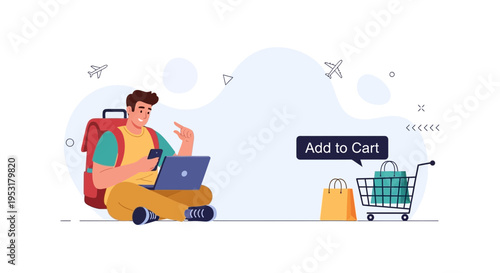 Man shopping online with laptop and phone, add to cart concept