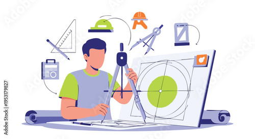 Architectural Engineer Working on Blueprint. Design and Planning Concept. Flat Illustration.