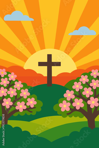 Easter Monday Sunrise with Cross and Blossoming Trees