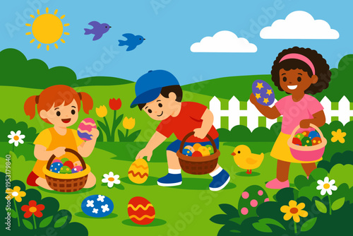 Colorful Easter Monday Egg Hunt in a Blooming Garden