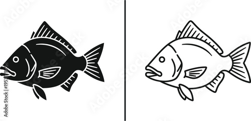 Fish Icon Set Black and White Vector Illustration Vector