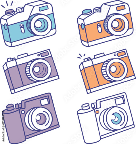 Set of 6 camera icons vector, colorful illustration
