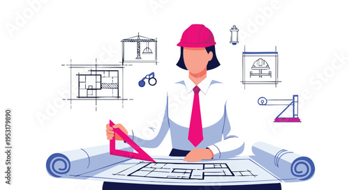 Female Architect Working on Blueprints. Professional Engineer. Flat Vector Illustration. Architectural Design. Construction Planning.